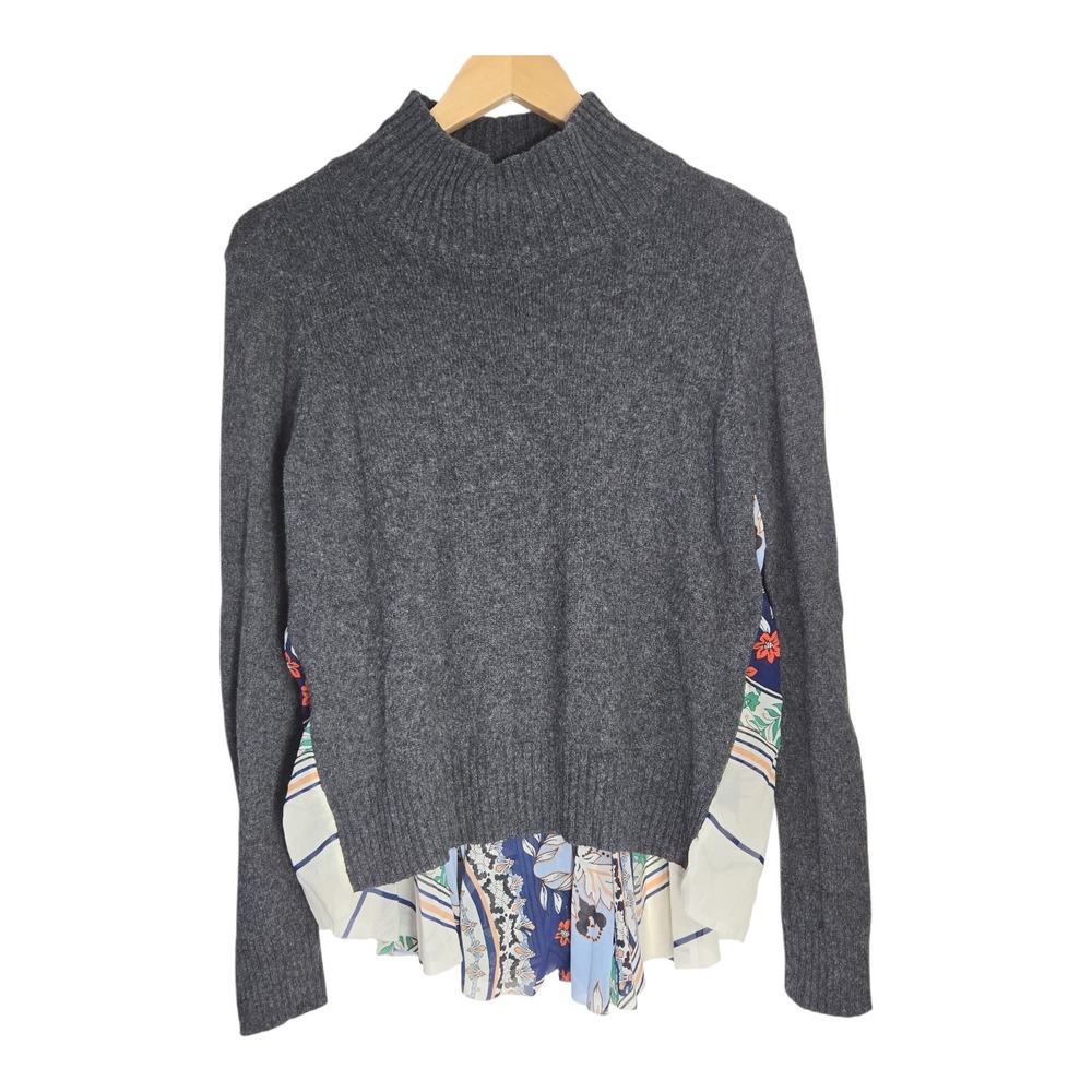 Moth‎ Anthropologie Grey Mixed Media Scarf Print Back Sweater Mock Neck Large